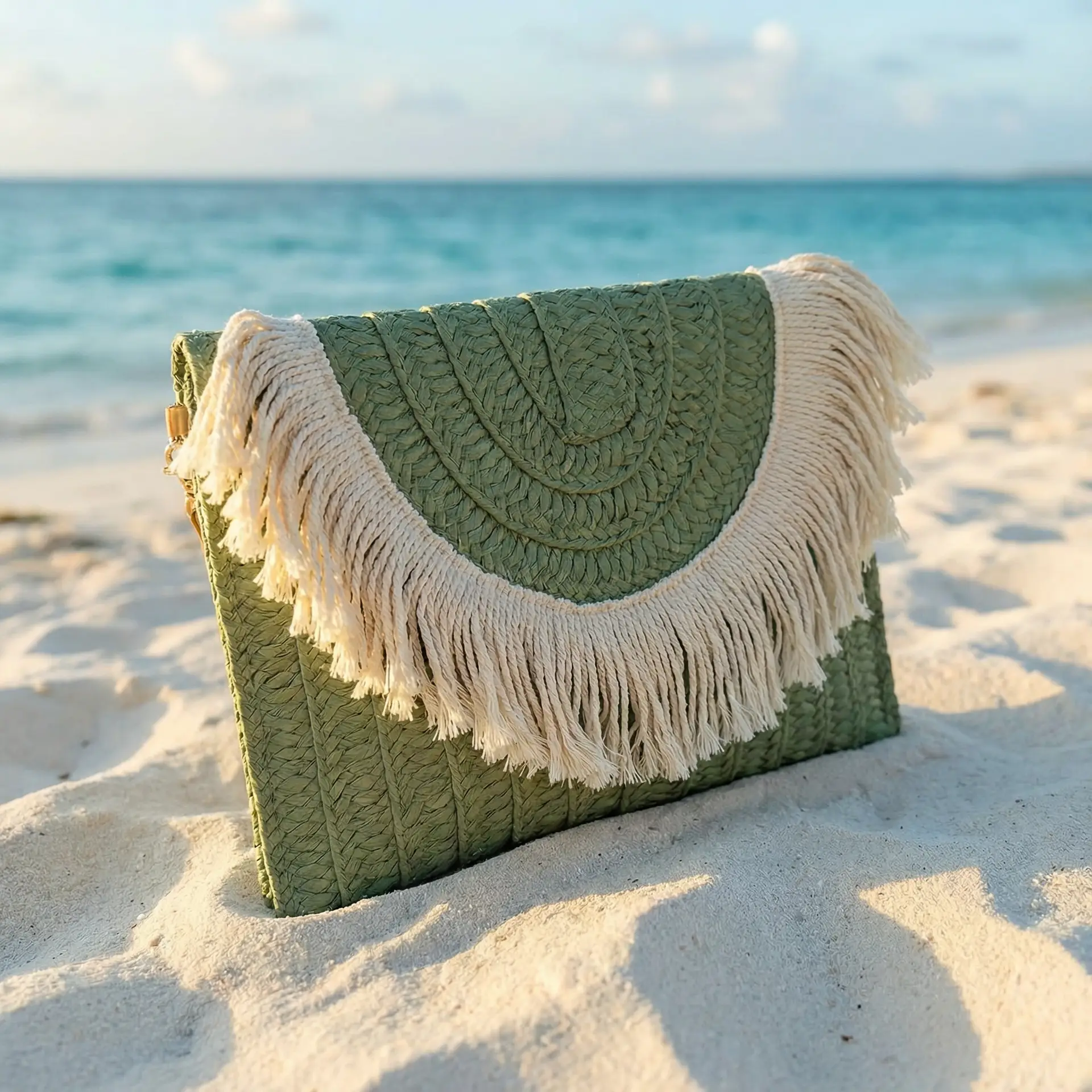 Bolsa de Praia - Brisa Mar Clutch Franja Riviera Verde